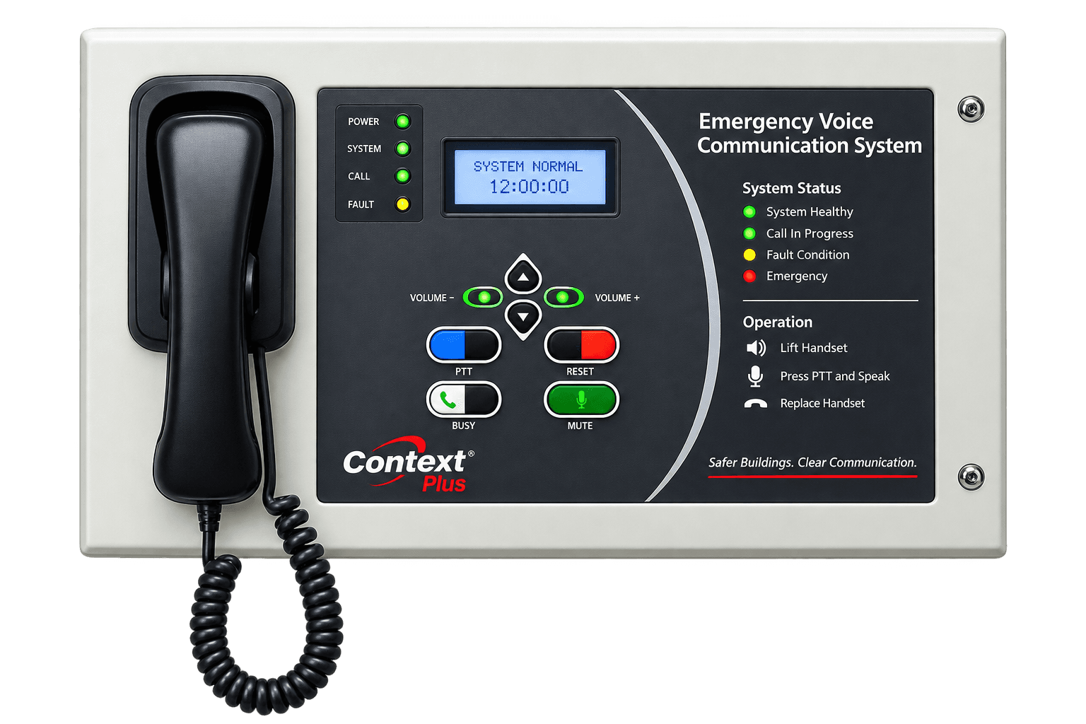 4 Line Master EVC control unit cw line cards, handset and display. Wall-mounting, needs 2 x 12V 7.0AH batteries